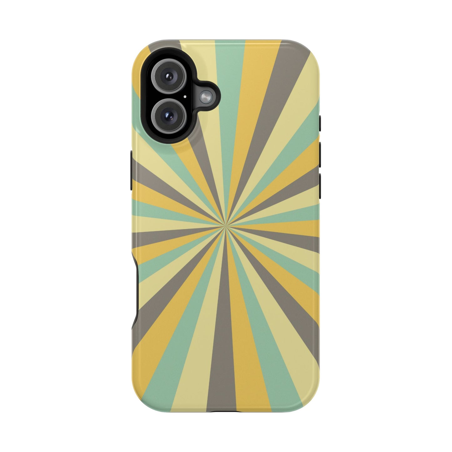 Vintage Sunburst Rays MagSafe iPhone Case – Bold 70s-Inspired Burst in Yellow, Mint, and Gray