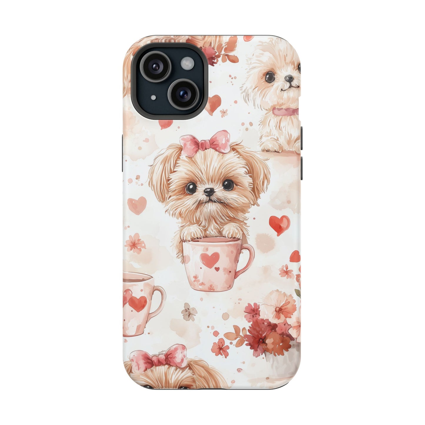 Puppies & Heart Mugs MagSafe iPhone Case – Sweet Dog & Floral Design, Shockproof & Slim