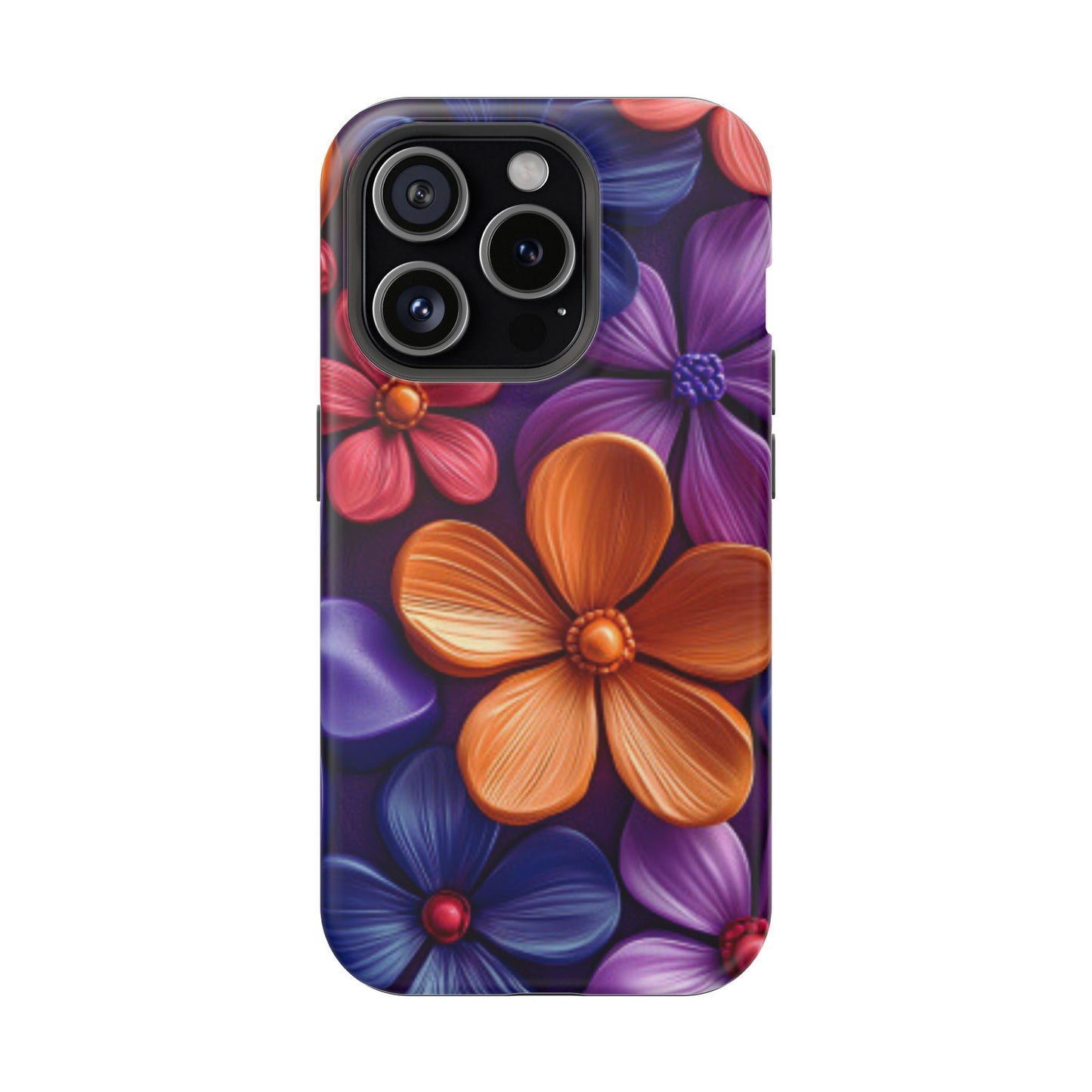 Bold Floral 3D MagSafe iPhone Case – Vivid Purple and Orange Flower Design, Shock-Resistant