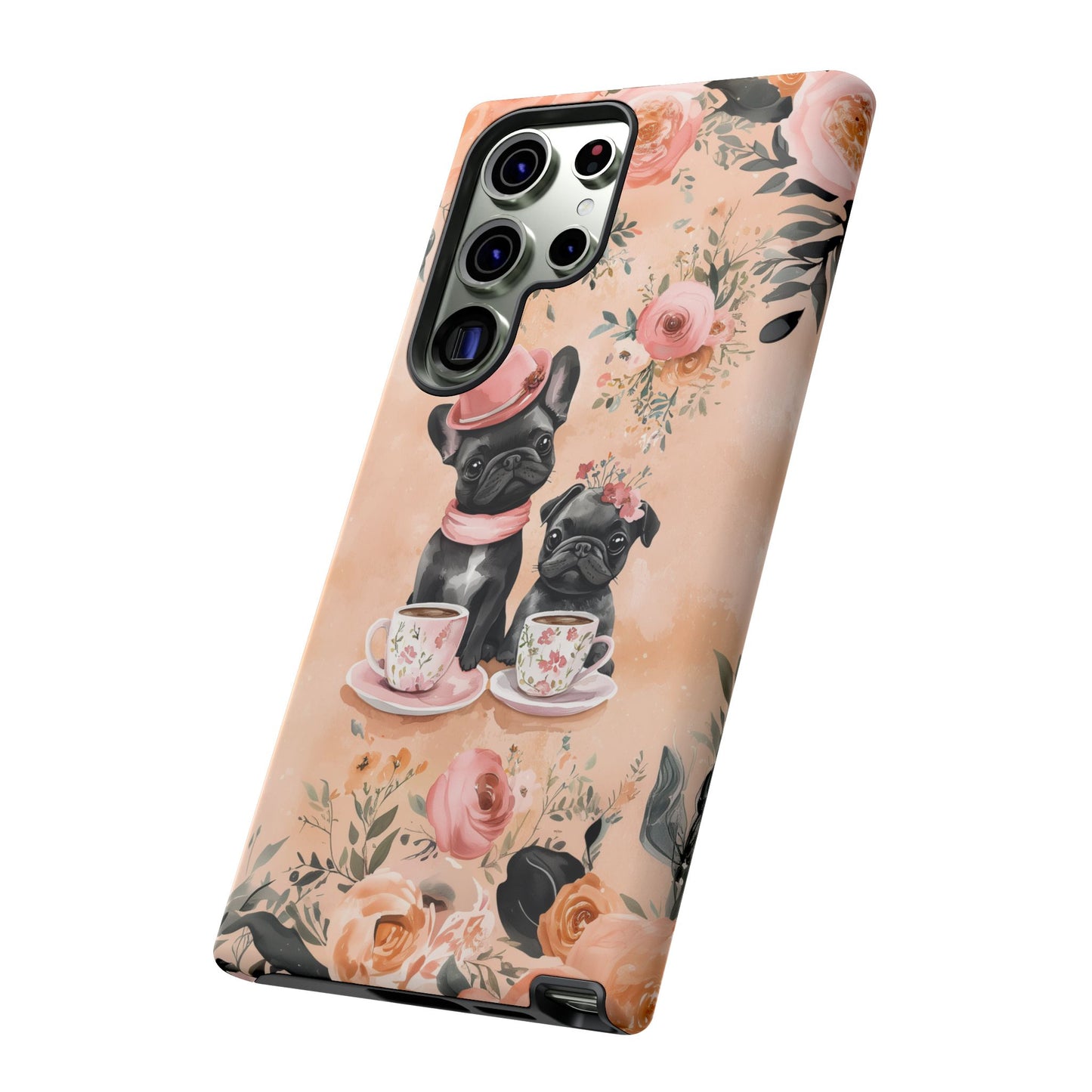 Floral French Bulldogs Samsung Galaxy Case – Elegant Dog Design with Tea Cups & Roses, Shockproof Protection - BOGO Cases