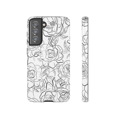 Monochrome Rose Garden Tough Samsung Galaxy Case – Elegant Floral Line Art with Dual-Layer Protection