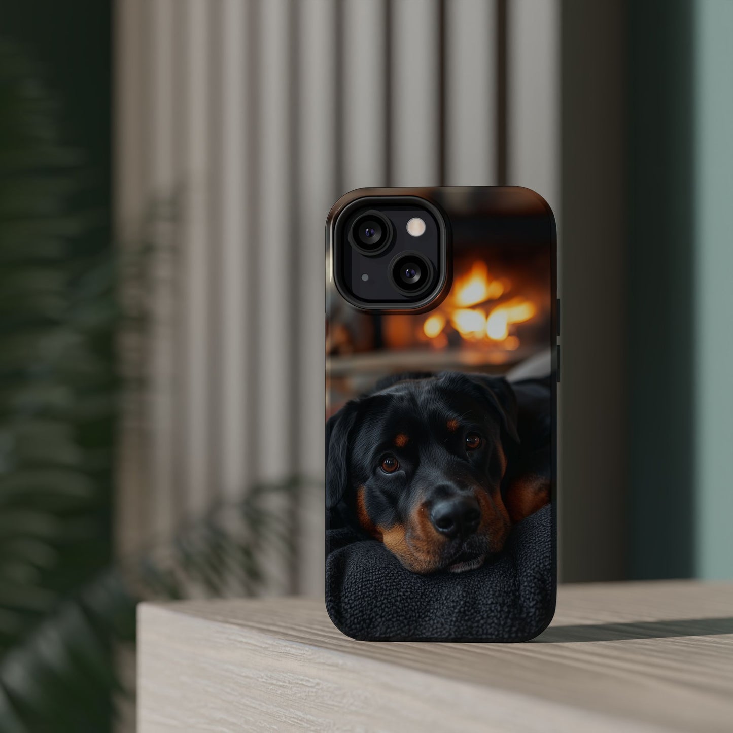 Charming Rottweiler by the Fireplace MagSafe iPhone Case – Cozy & Functional Design