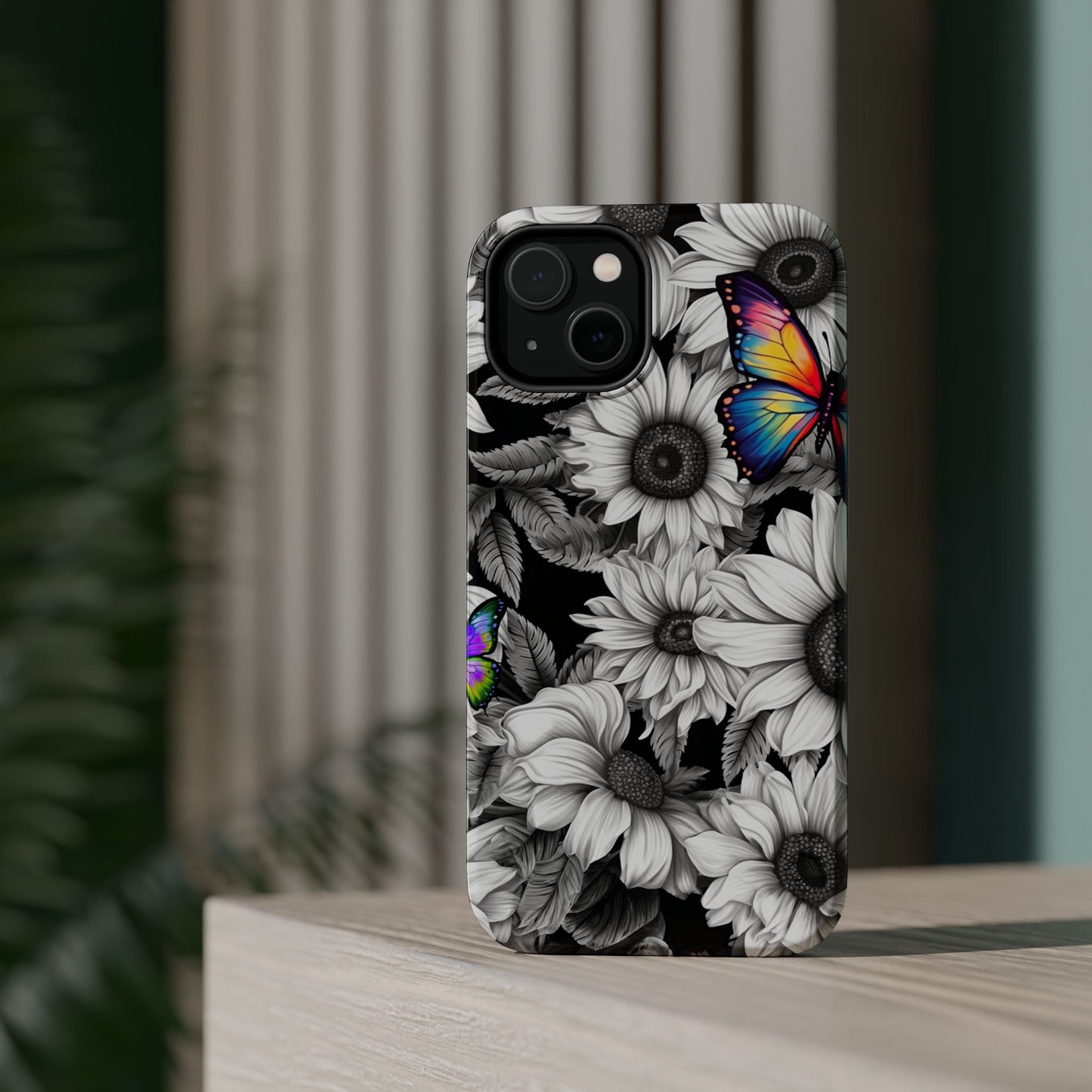 Rainbow Butterflies & Monochrome Sunflowers – MagSafe iPhone Case