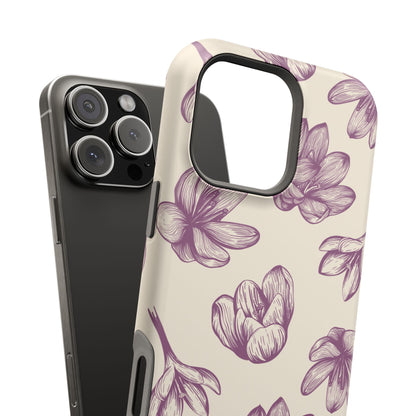 Vintage Botanical Floral Tough MagSafe iPhone Case – Hand-Drawn Purple Flowers, Shockproof Design