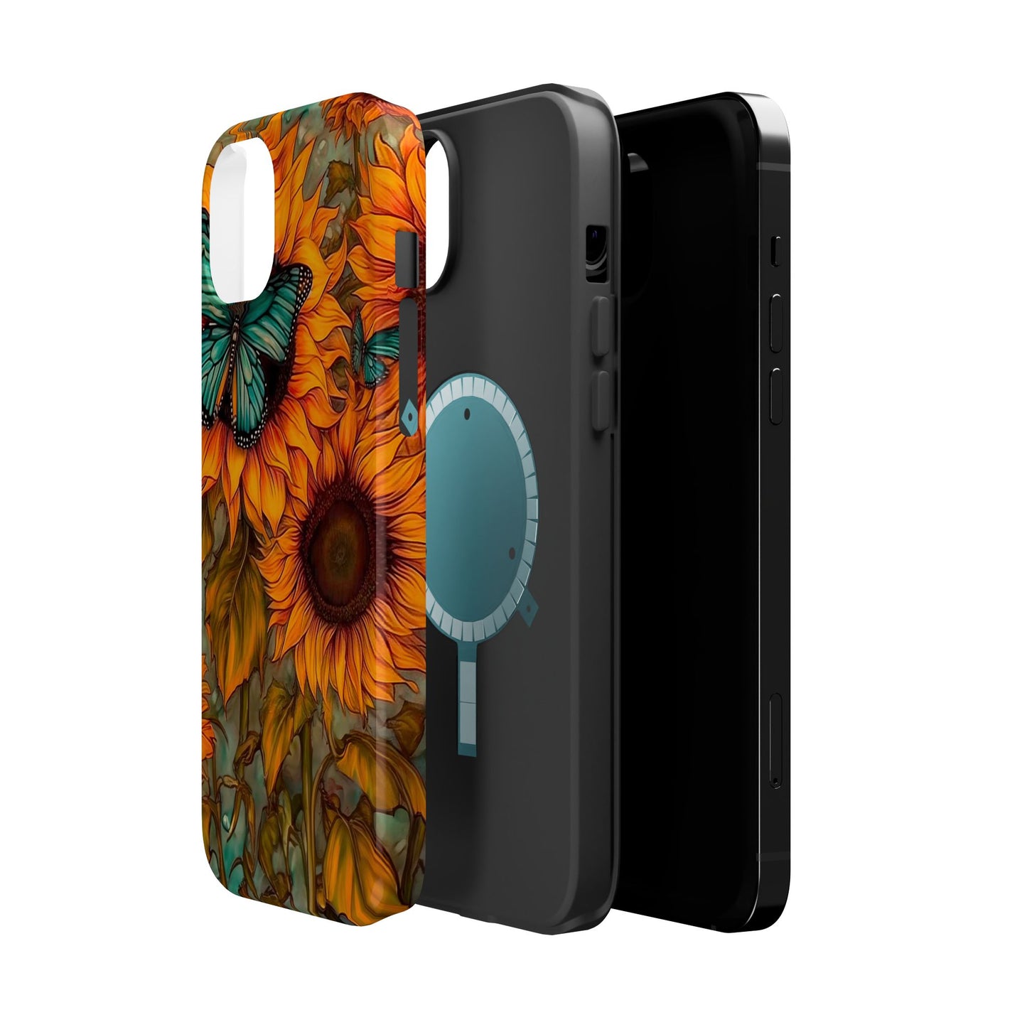 Vintage Blue Butterfly & Sunflower Art – MagSafe iPhone Case