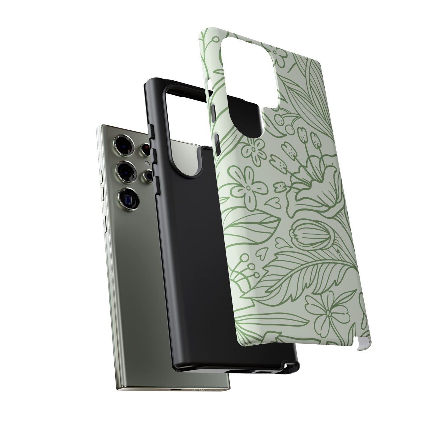 Sage Green Floral Line Art Tough Samsung Galaxy Case – Minimalist Botanical Design with Dual-Layer Protection