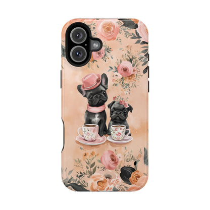 Floral French Bulldogs MagSafe iPhone Case – Elegant Dog Design with Tea Cups & Roses, Shockproof Protection