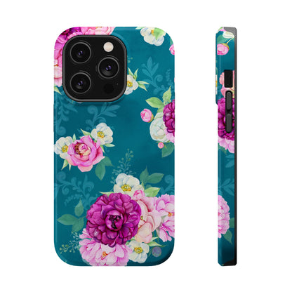 Elegant Peony Bouquet MagSafe iPhone Case – Deep Teal Background with Romantic Floral Design