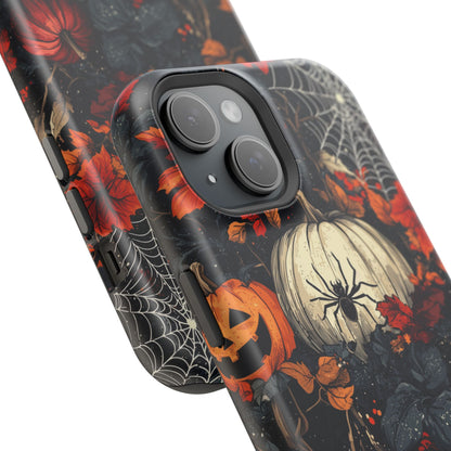 Hauntingly Elegant Halloween MagSafe iPhone Case – Pumpkins, Spiders, and Autumn Leaves Design