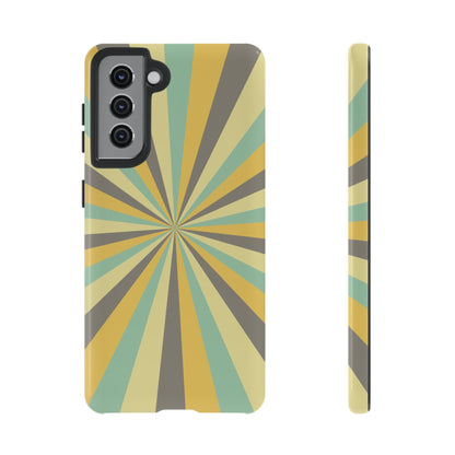 Vintage Sunburst Rays Samsung Galaxy Case – Bold 70s-Inspired Burst in Yellow, Mint, and Gray