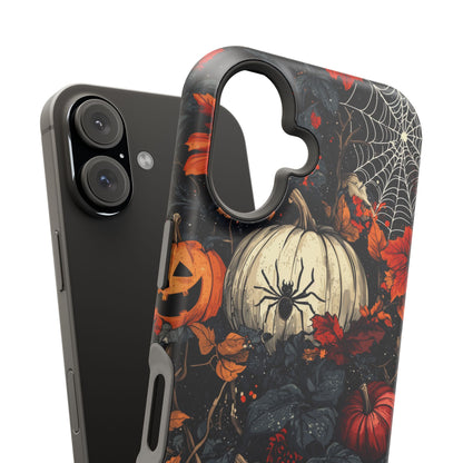 Hauntingly Elegant Halloween MagSafe iPhone Case – Pumpkins, Spiders, and Autumn Leaves Design