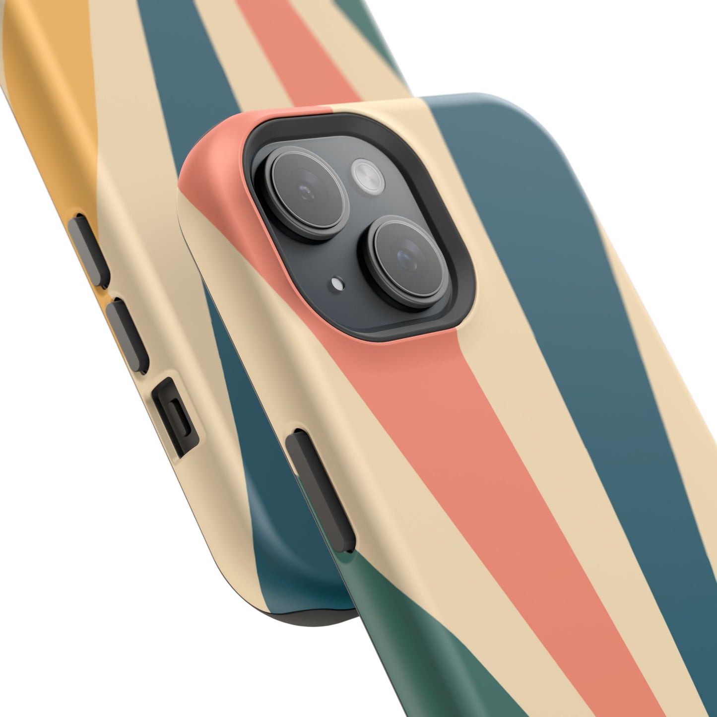 Retro Sunbeam MagSafe iPhone Case – 70s-Inspired Radiating Stripes in Coral, Teal, and Mustard