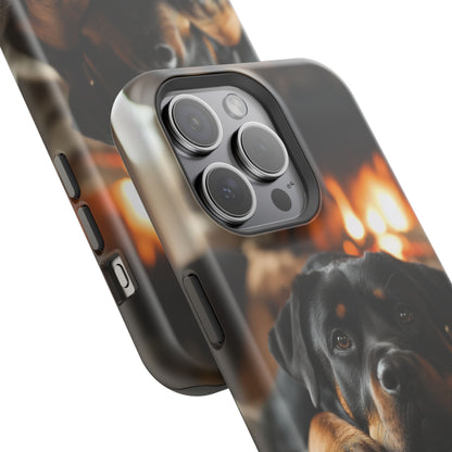 Cozy Rottweiler by the Fireplace MagSafe iPhone Case – Warm Rustic Design