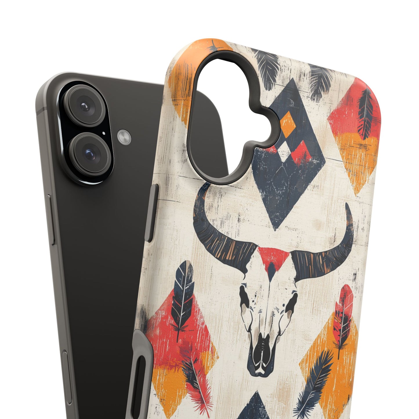 Western Bull Skull & Feathers Tough Mag Safe iPhone Case – Bold Tribal Design, Dual-Layer Protection