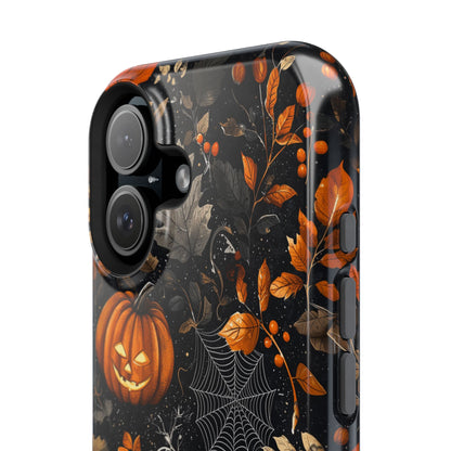 Elegant Halloween MagSafe iPhone Case – Pumpkin Jack-o'-Lanterns, Cobwebs & Autumn Foliage Design