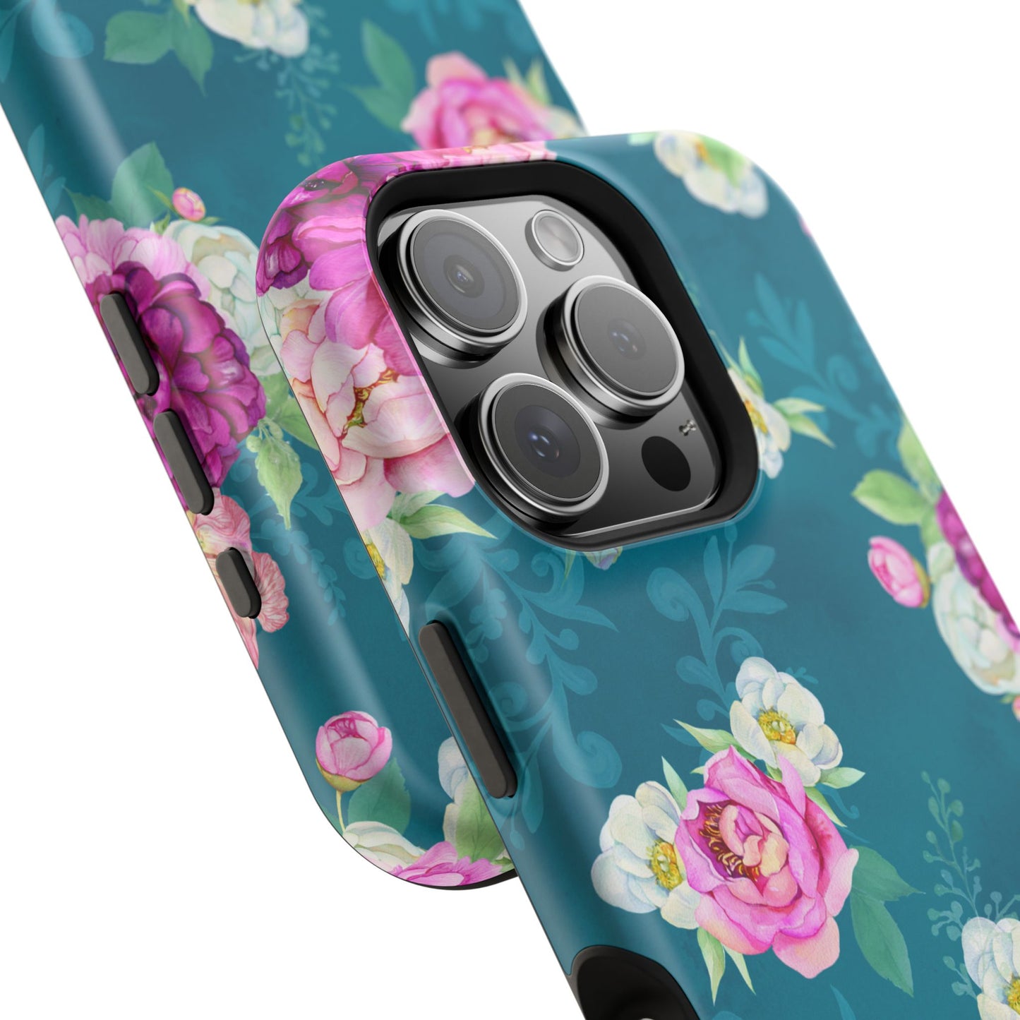 Elegant Peony Bouquet MagSafe iPhone Case – Deep Teal Background with Romantic Floral Design