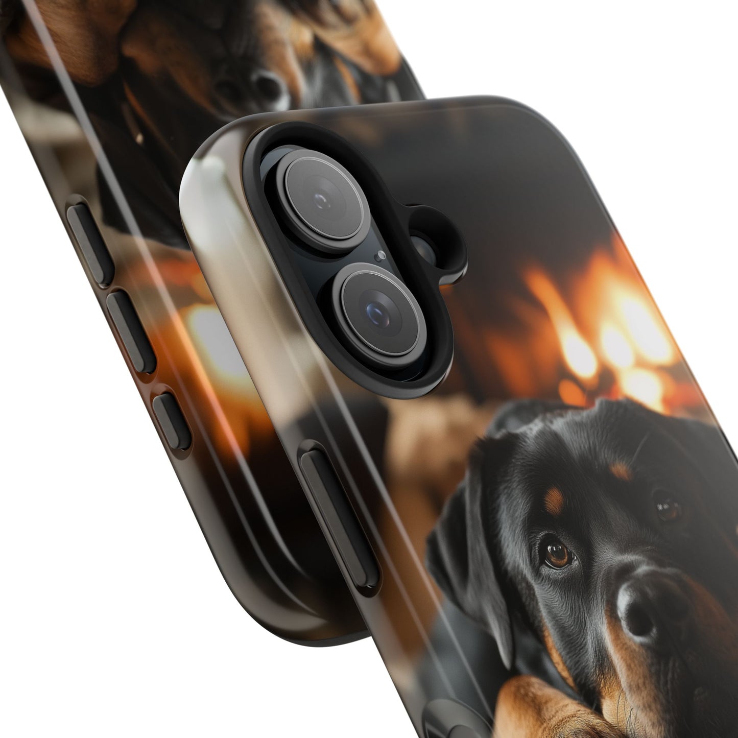 Cozy Rottweiler by the Fireplace iPhone Case – Warm Rustic Design