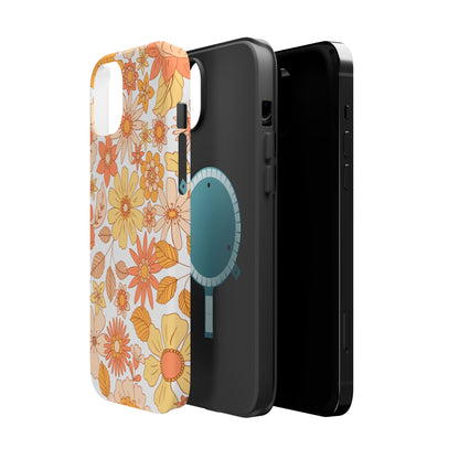 Vintage Floral Bloom MagSafe iPhone Case – Warm Orange & Yellow Retro Flower Design with Matte Finish