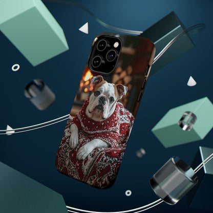 Cozy Bulldog in Sweater MagSafe iPhone Case – Festive Fireplace Protective Cover