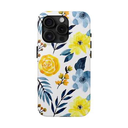 Golden Yellow & Sky Blue Floral – Watercolor Botanical iPhone Case