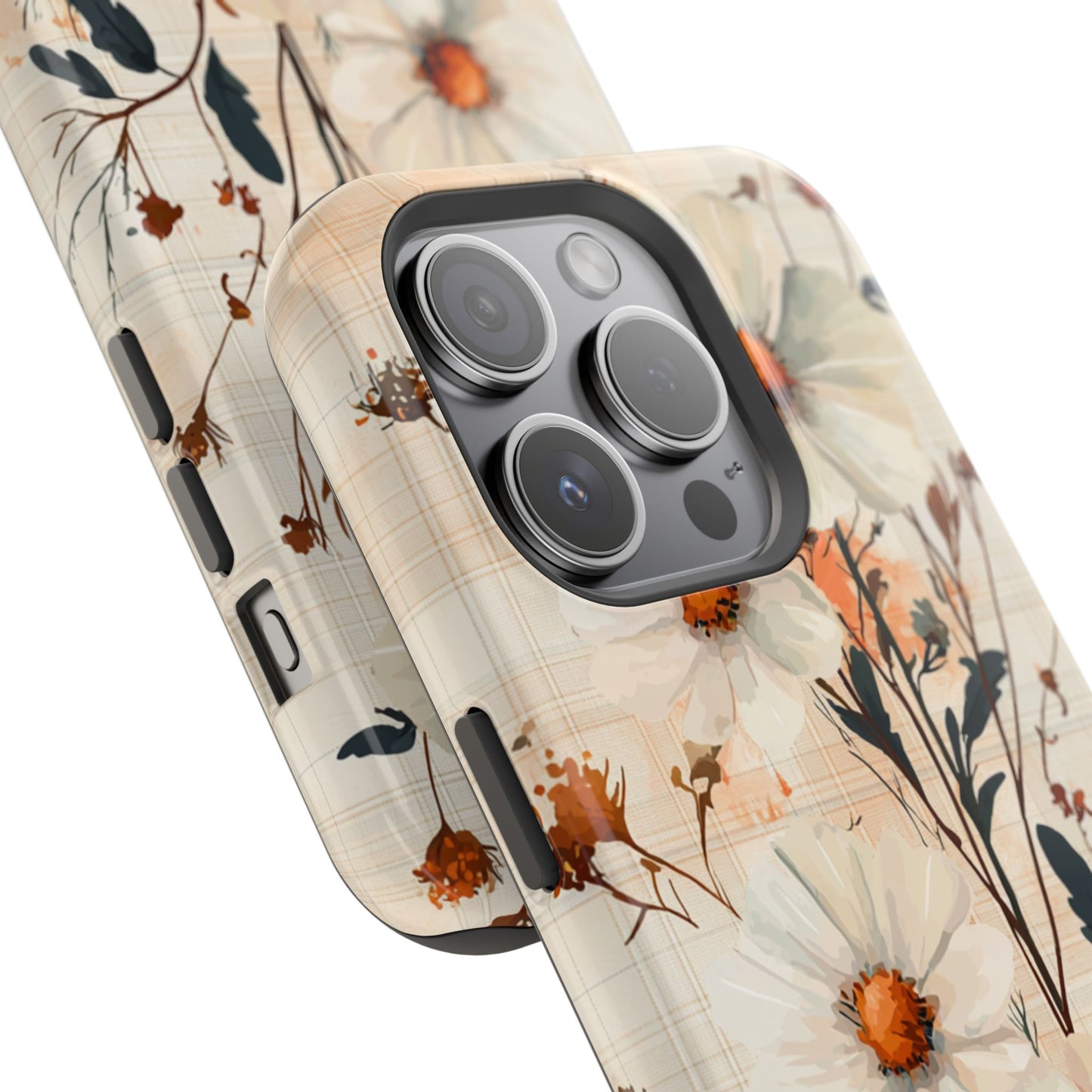 Pastel Orange Floral MagSafe iPhone Case - Elegant Plaid Protective Cover