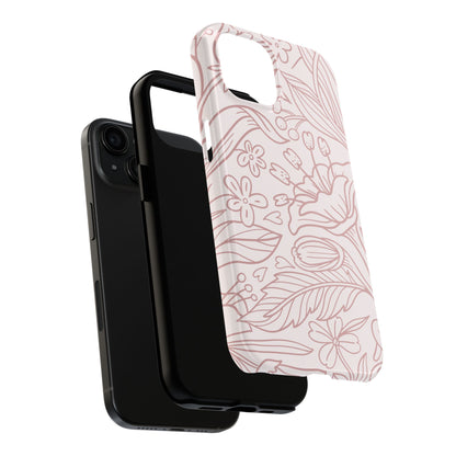 Blush Floral Line Art Tough iPhone Case – Delicate Minimalist Design with Dual-Layer Protection