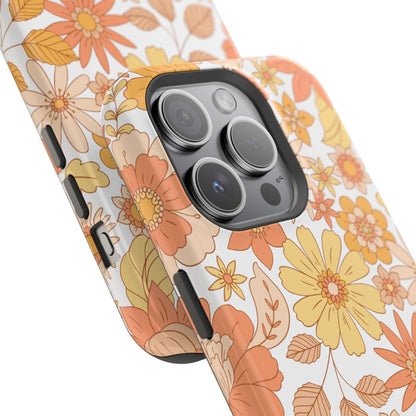 Vintage Floral Bloom MagSafe iPhone Case – Warm Orange & Yellow Retro Flower Design with Matte Finish