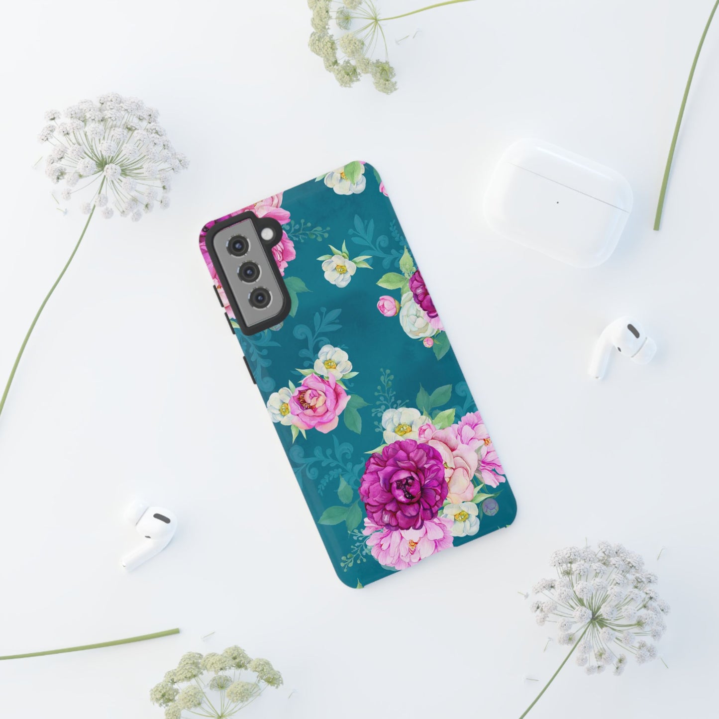 Elegant Peony Bouquet Samsung Galaxy Case – Deep Teal Background with Romantic Floral Design