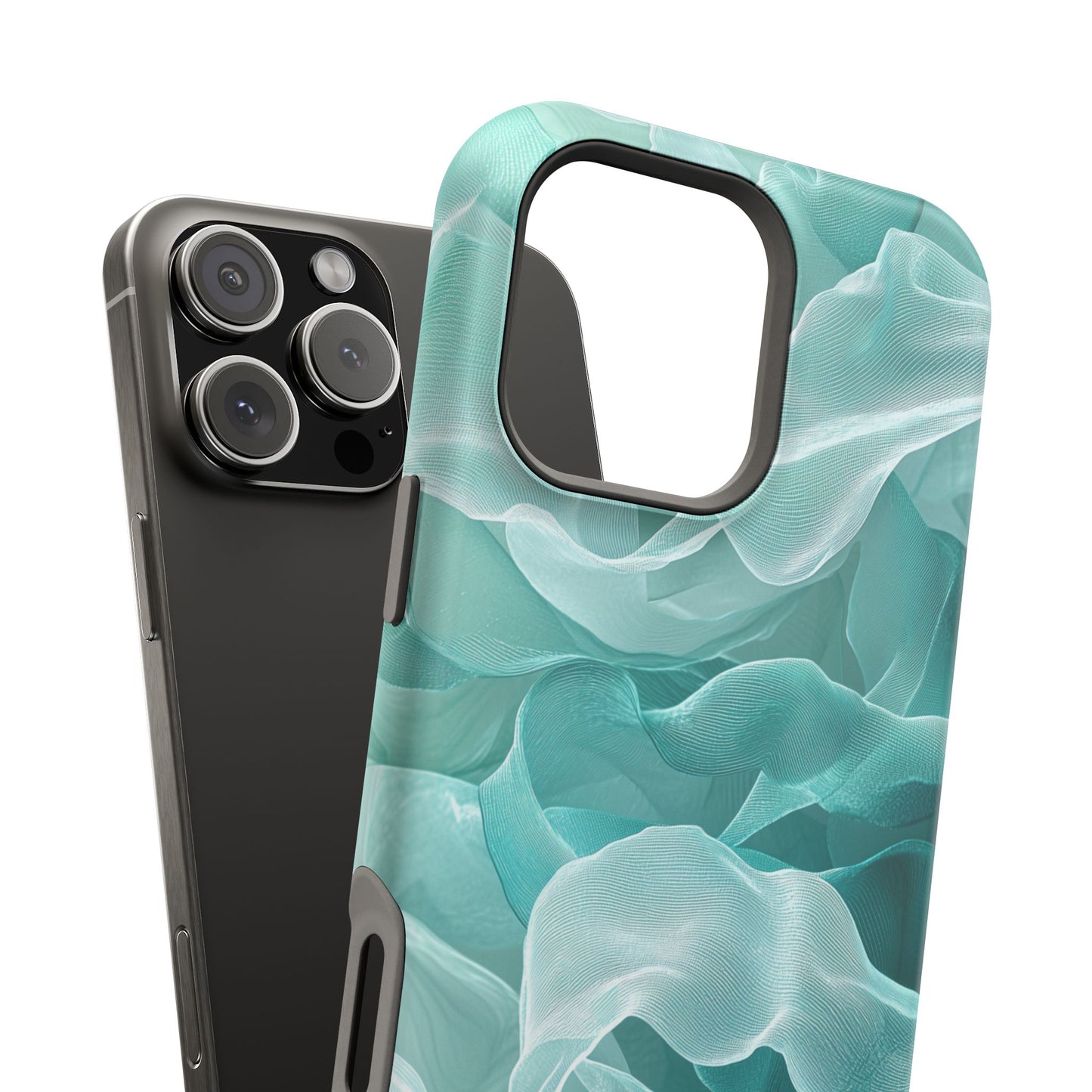 Elegant Flowing Teal Fabric MagSafe iPhone Case – Soft Waves Design