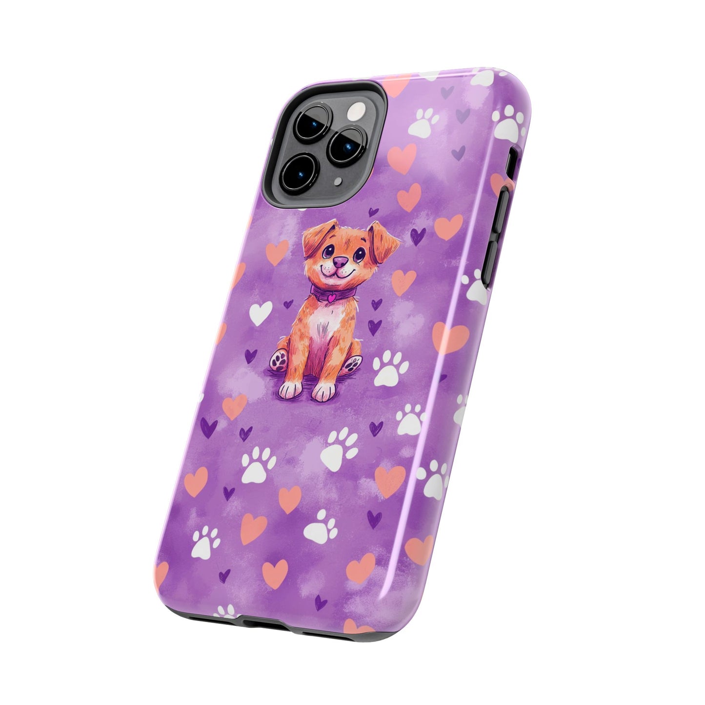 Cute Puppy iPhone Case - Adorable Pet Design with Hearts & Paw Prints, Protective Cover