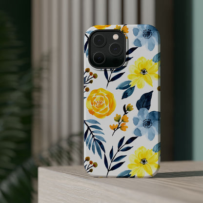 Golden Yellow & Sky Blue Floral – Watercolor Botanical MagSafe iPhone Case