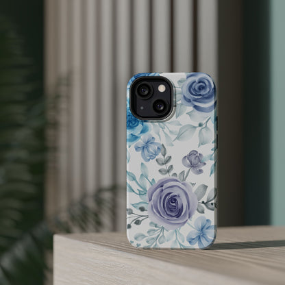 Elegant Blue & Violet Roses MagSafe Case – Artistic Floral Protection with Magnetic Charging Compatibility