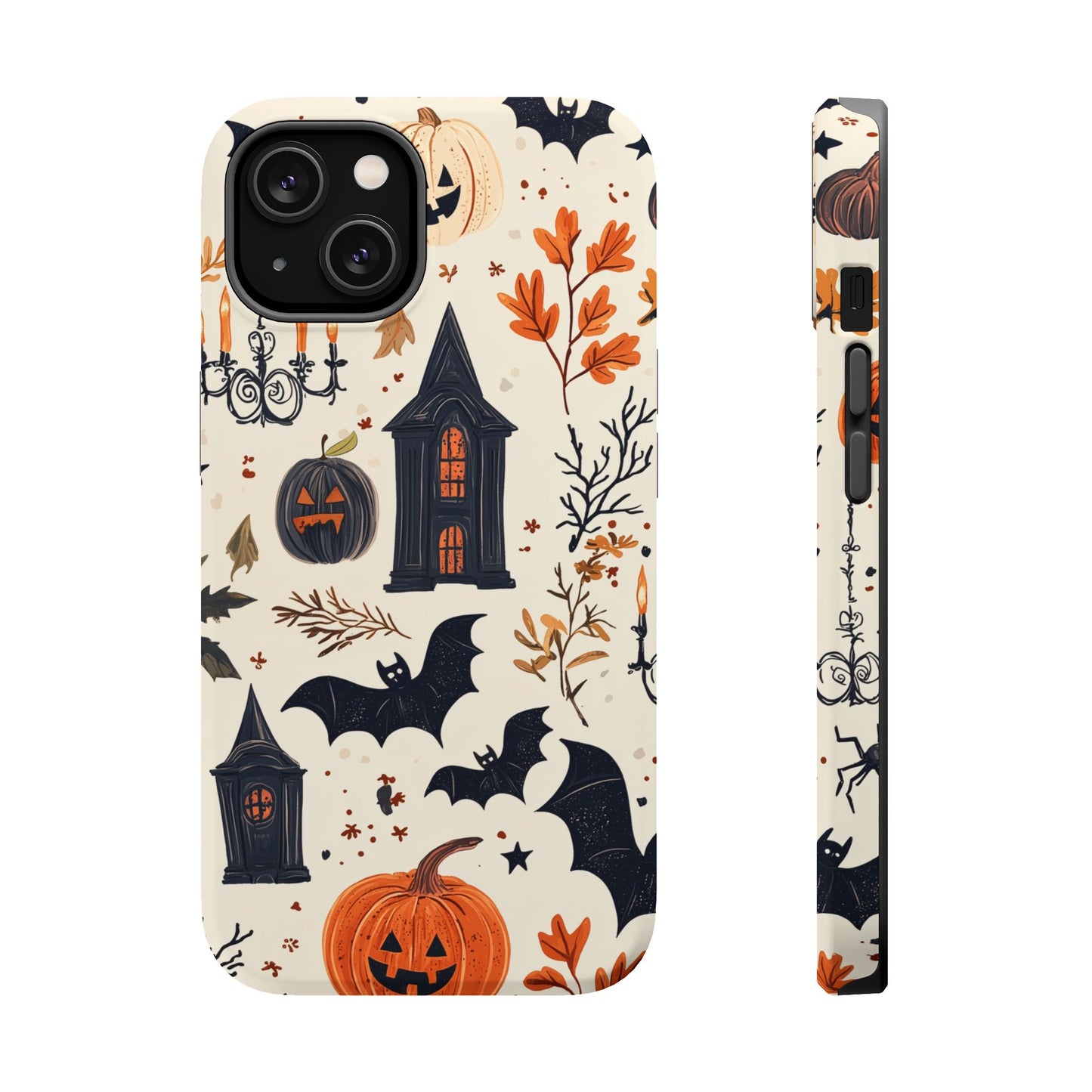 Haunted Halloween MagSafe iPhone Case – Haunted House, Bats, and Pumpkins Design