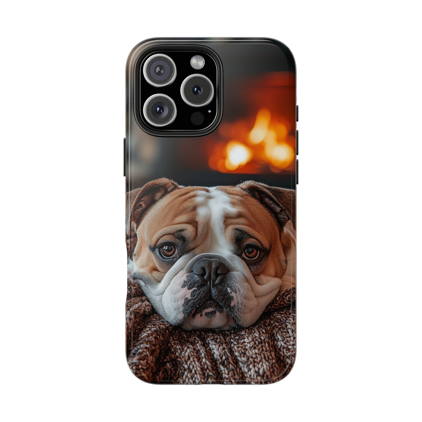 Cozy Bulldog iPhone Case – Fireside-Inspired Protective Cover Description: