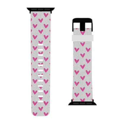 Pink Hearts on Glitter Silver Apple Watch Band