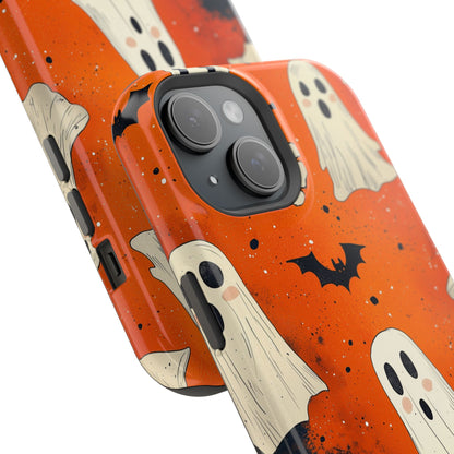 Spooky Ghosts & Bats  MagSafe iPhone Case – Vibrant Orange Halloween Design