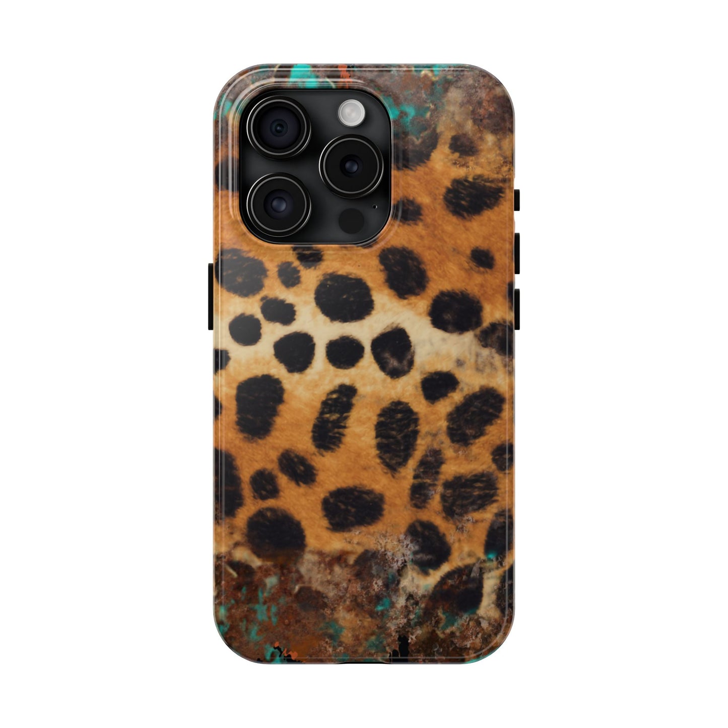 Rustic Leopard Print Tough iPhone Case – Distressed Turquoise and Animal Pattern with Dual-Layer Protection