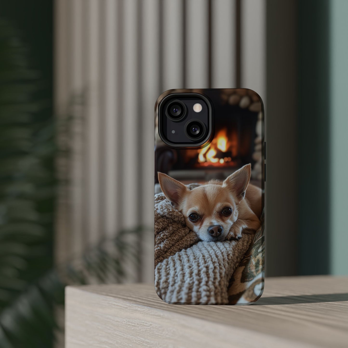 Relaxing Chihuahua by Fireplace MagSafe iPhone Case – Functional and Cozy Design