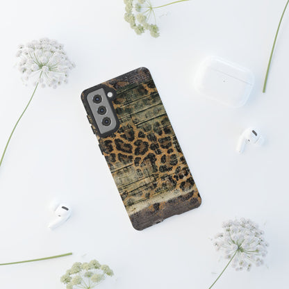 Rustic Wood and Leopard Print Tough Samsung Galaxy Case – Distressed Western Design with Dual-Layer Protection