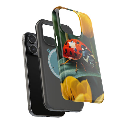 MagSafe iPhone Case: Vibrant Ladybug Amidst a Lush Yellow Flower Garden