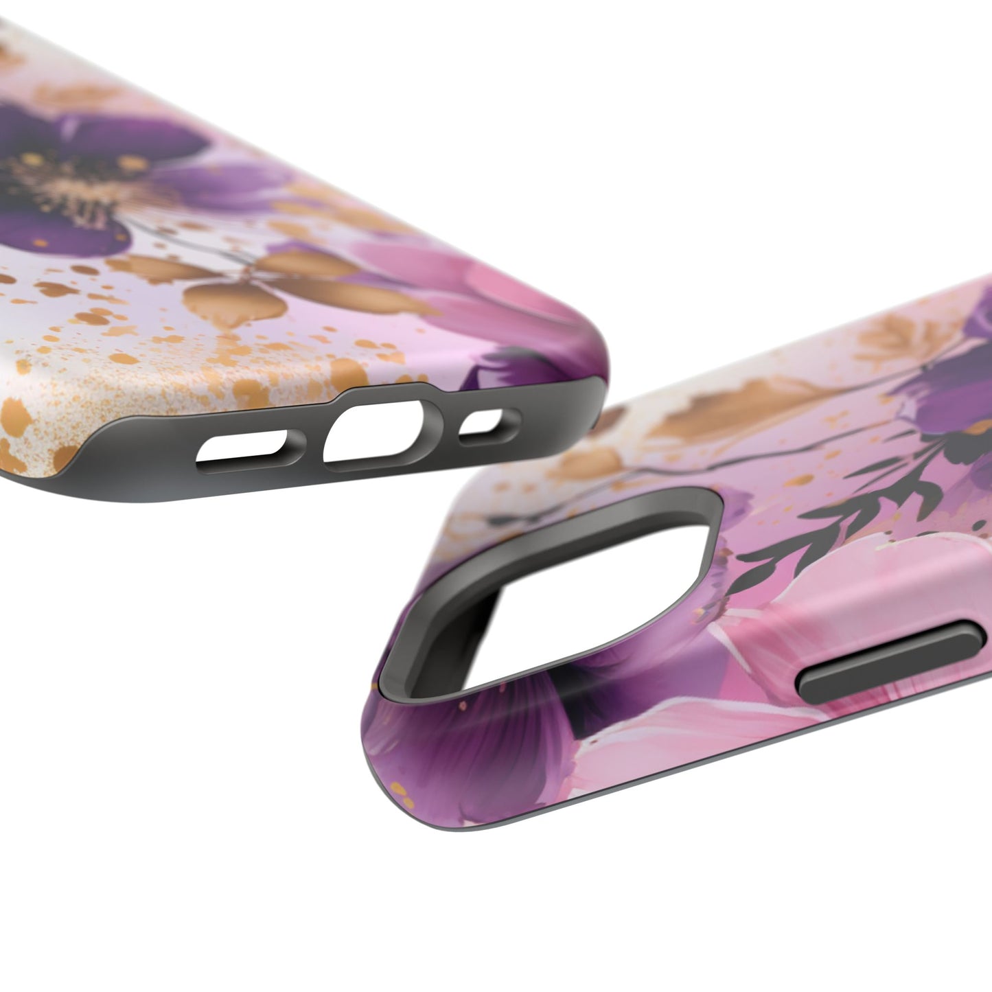 Elegant Purple & Gold Floral MagSafe iPhone Case - Luxe Flower Design