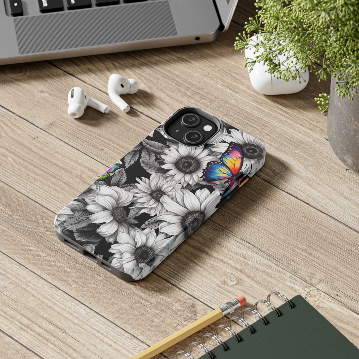 Rainbow Butterflies & Monochrome Sunflowers – iPhone Case