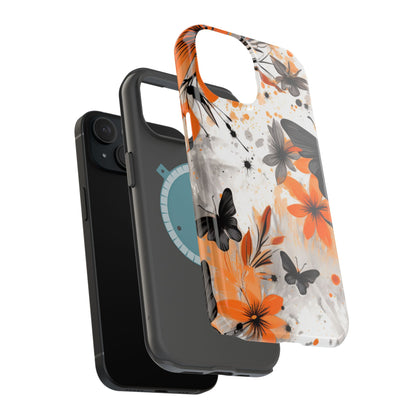 Orange Blossom & Black Butterfly MagSafe iPhone Case – Bold Floral Pattern with Modern Abstract Style