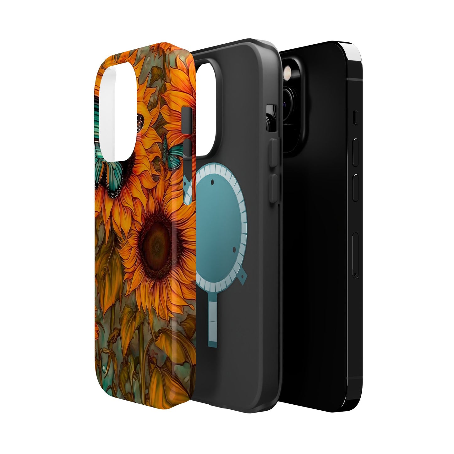 Vintage Blue Butterfly & Sunflower Art – MagSafe iPhone Case