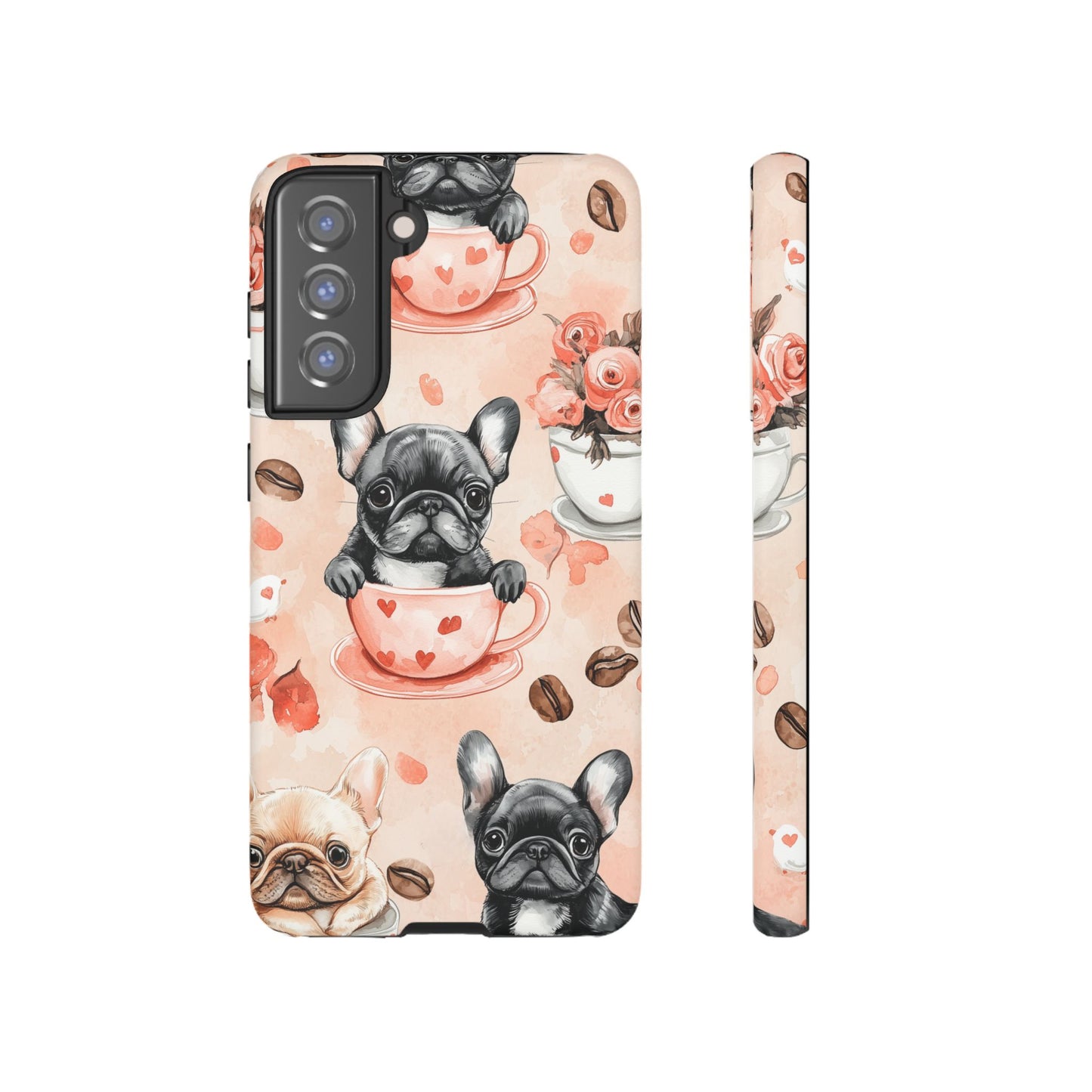 French Bulldogs in Heart Teacups Samsung Galaxy Case – Cute Dog & Floral Design, Shockproof Protection - BOGO Cases