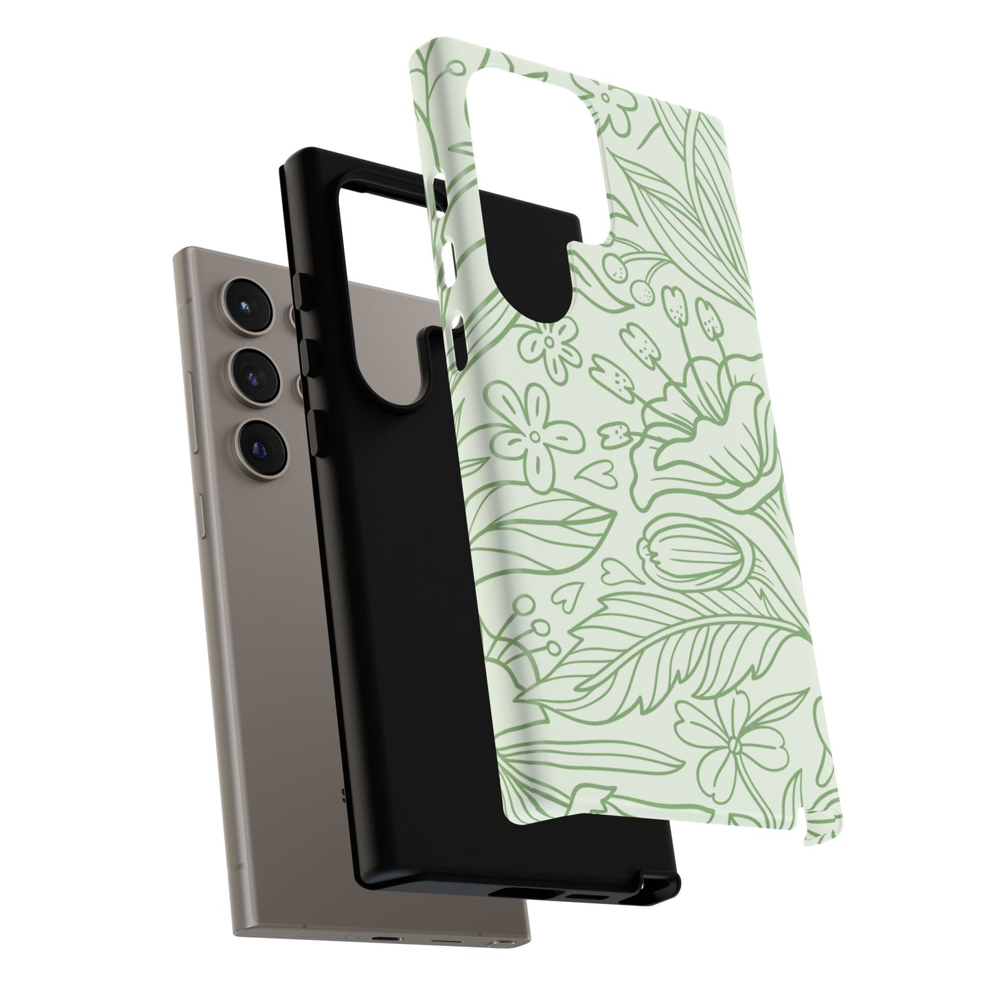 Sage Green Floral Line Art Tough Samsung Galaxy Case – Minimalist Botanical Design with Dual-Layer Protection