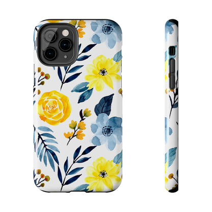 Golden Yellow & Sky Blue Floral – Watercolor Botanical iPhone Case