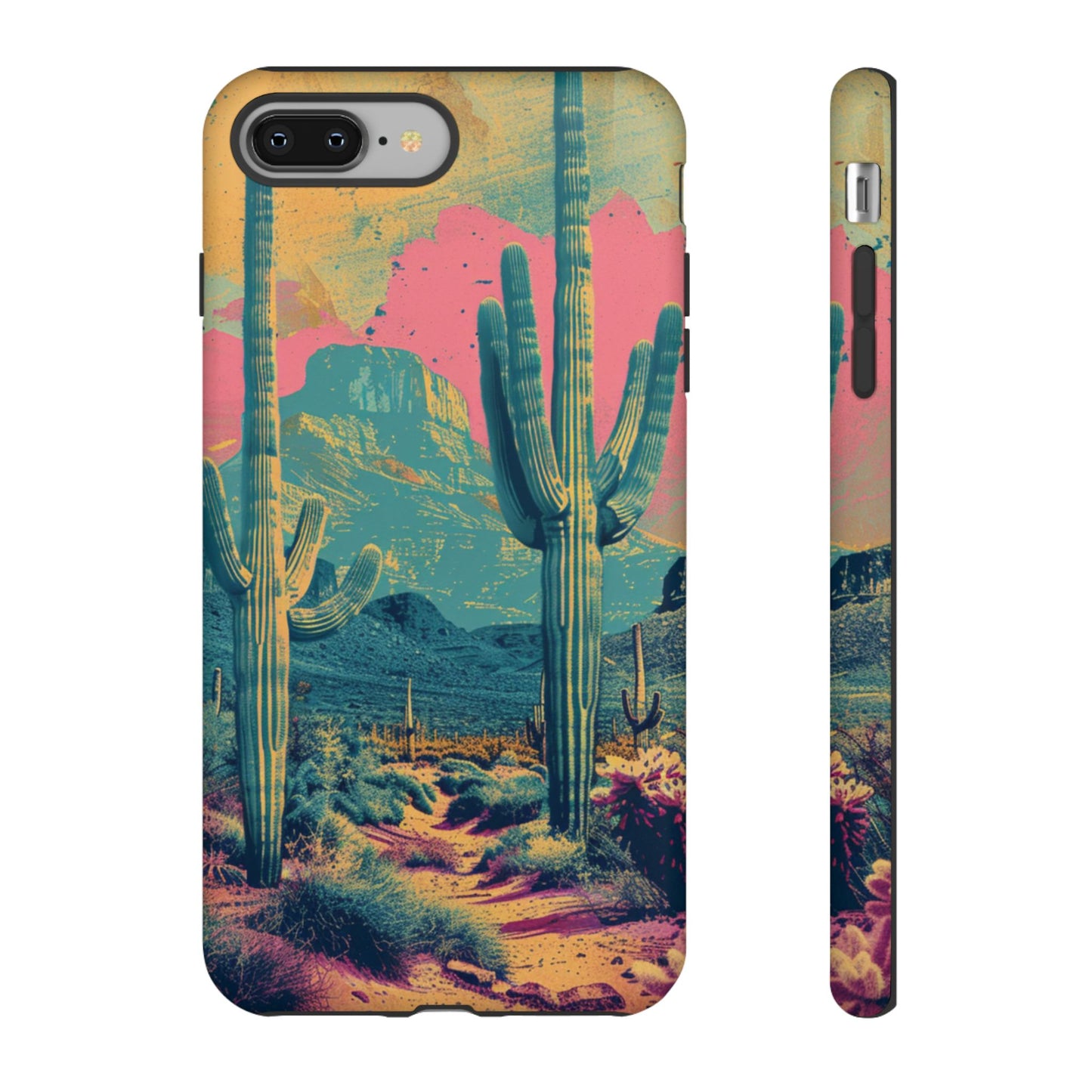 Desert Oasis Retro Cactus Phone Case - Vibrant Sunset Landscape for iPhone 15/14/13/12, Samsung S24/S23/S22/S21, & Google Pixel