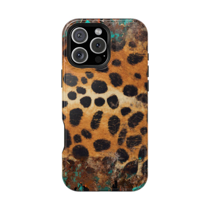 Rustic Leopard Print Tough MagSafe iPhone Case – Distressed Turquoise and Animal Pattern with Dual-Layer Protection