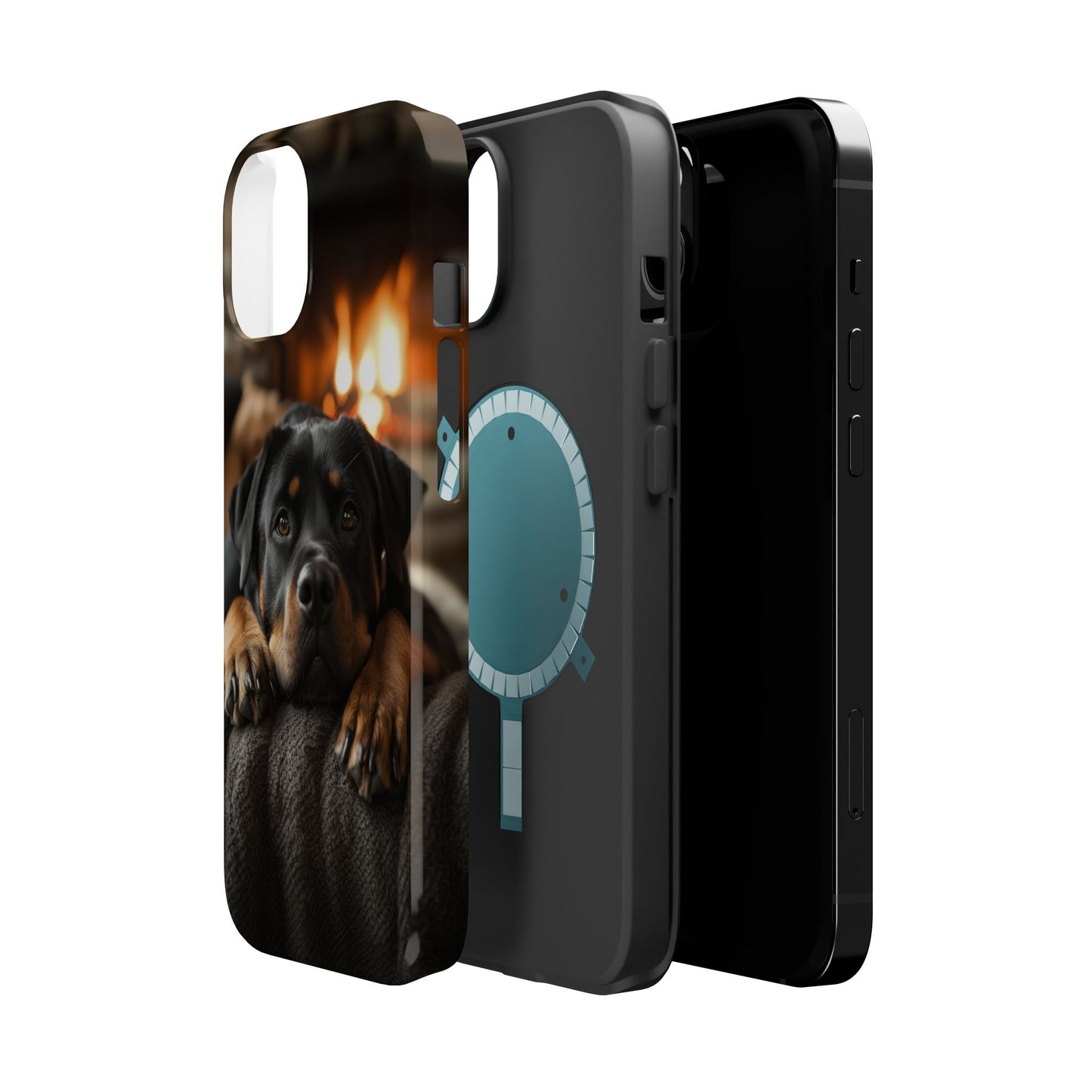 Cozy Rottweiler by the Fireplace MagSafe iPhone Case – Warm Rustic Design